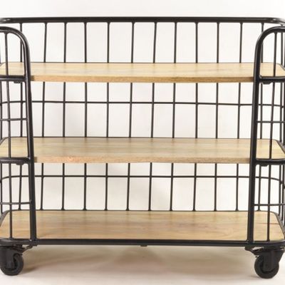 Consoles - Console industrielle en métal et bois de manguier Cage, 3 étagères sur roulettes - JP2B DECORATION