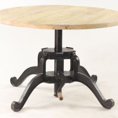 Coffee tables - Round crank coffee table in mango wood and metal, adjustable height - JP2B DECORATION