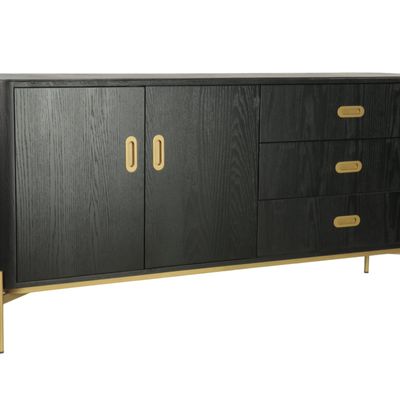 Buffets - Buffet long en chêne noir et doré, 3 tiroirs, 180x45 cm, style moderne - JP2B DECORATION