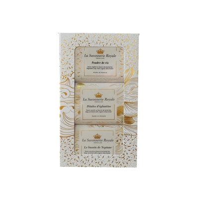 Savons - COFFRET 3 SAVONS N°1 (POUDRE DE RIZ, PETALES D'EGLANTINE, LE BASSIN DE NEPTUNE) - LA SAVONNERIE ROYALE
