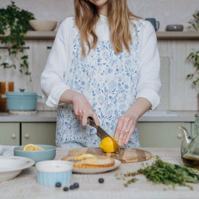 Kitchen linens - White Botanical Blue Crossback Apron - LINEN TALES