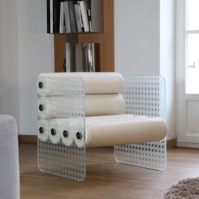 Fauteuils - Fauteuil MW01, "CANNAGE" parois en verre trempé gravées, sablées, - KUUMO DESIGN