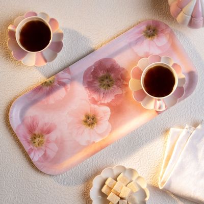 Trays - Long wooden serving tray -Pink flower 15x32 cm - MONBOPLATO