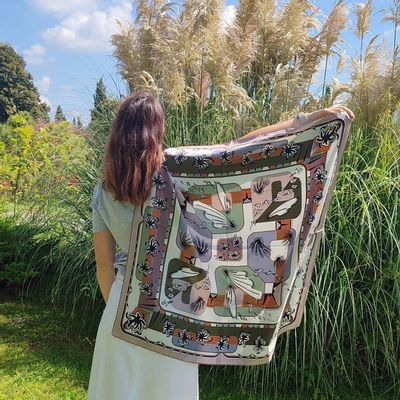 Scarves - Square silk scarf | The Ecstasy of Flight | ivory and brown - MON LIEN ATELIER