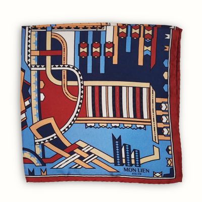 Scarves - Silk pocket square | The dancing ribbons | blue and terracotta - MON LIEN ATELIER
