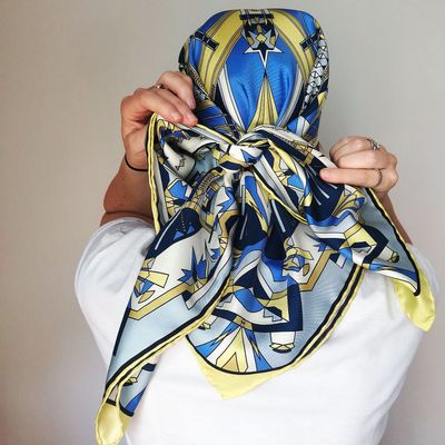 Scarves - Square silk scarf | The Mysterious Path | yellow and blue - MON LIEN ATELIER