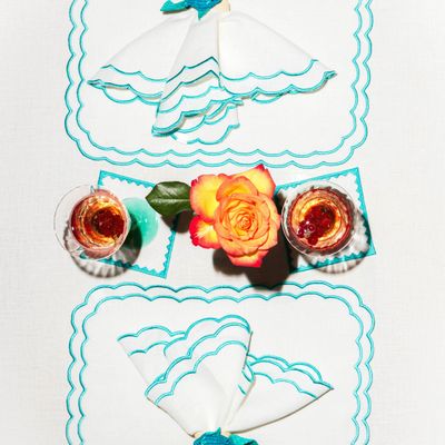 Decorative objects - Marigold Placemat | White Linen with Turquoise - BLANK SPACE AMSTERDAM