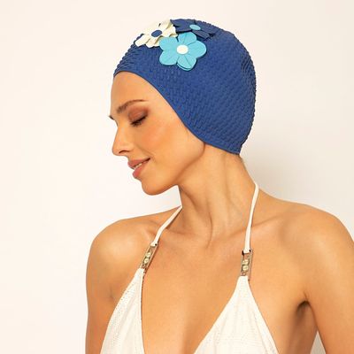 Hair accessories - Blue Vintage 3 Flowers Swim Cap - KORES ACCESSORIES