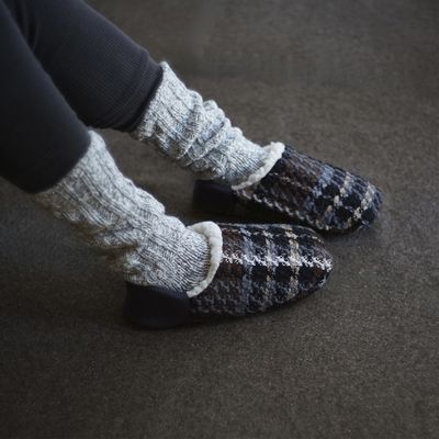 Socks - JAPAN MADE Reversible room shoes / Roving check x Sheep boa - MERIPPA