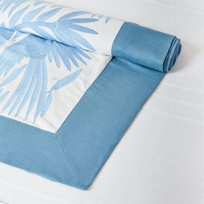 Table linen - Tenango Embroidered Bedspread/Table Runner in Blue and White - HUAKAL