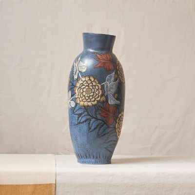 Vases - Burnished Blue Clay Vase with Flowers - HUAKAL