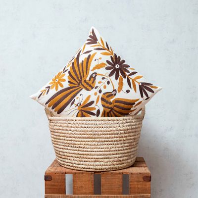 Fabric cushions - Embroidered Tenango Pillow in Brown and Ochre - HUAKAL