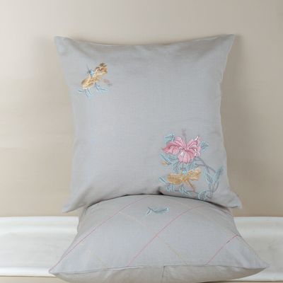 Fabric cushions - Hibiscus Bloom Embroidered Cushion Cover - NINÉH