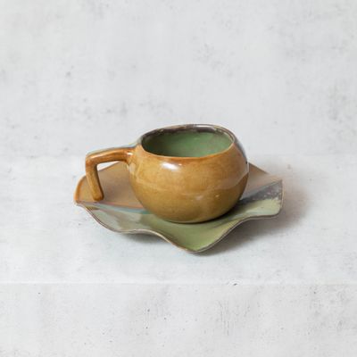 Café et thé - Tasse à café et assiette en céramique Kalimori en vert et marron - HUAKAL