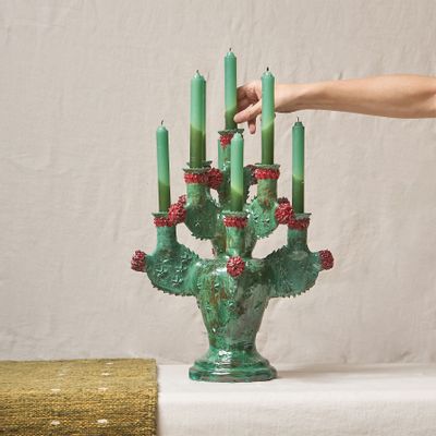 Unique pieces - XL Glazed Clay Candleholder with Cactus Shape in Green - HUAKAL