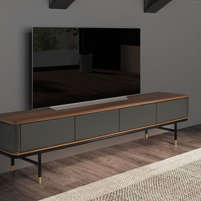 TV stands - TV stand in matt dark grey wood, black steel and walnut top - ANGEL CERDÁ