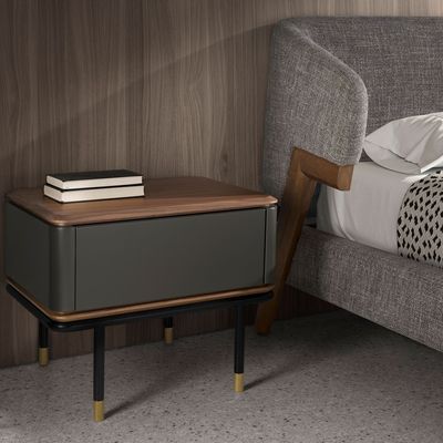 Night tables - Bedside table in matt dark grey wood, black steel and walnut top - ANGEL CERDÁ