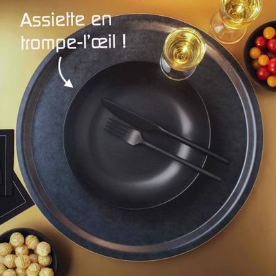 Trays - Round wooden serving tray - Black trompe-l'oeil plate 38 cm - MONBOPLATO