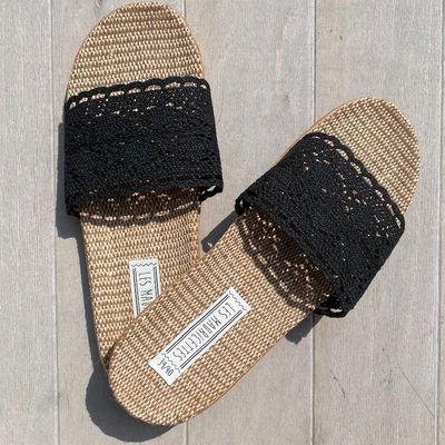 Shoes - LES MAURICETTES by Jeannette, light black crochet flip-flops - LES MAURICETTES