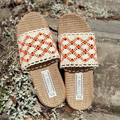 Shoes - LES MAURICETTES by Hermeline, light orange crocheted flip-flops - LES MAURICETTES