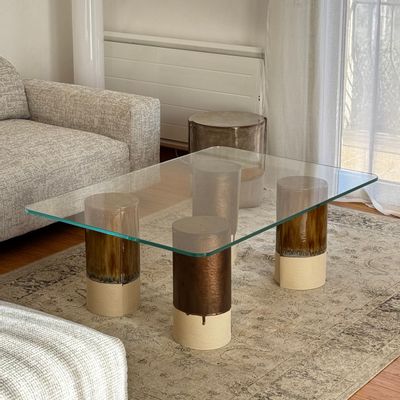 Ceramic - SCULPTURAL STONEWARE COFFEE TABLE WITH TEMPERED GLASS - BRONZE - DI VINCENZO POUJOULA