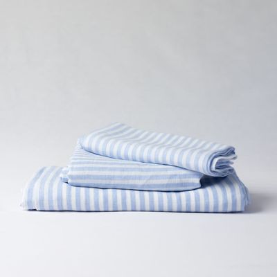 Linge de table textile - Nappe en lin à rayures bleues 140 x 180 cm - OURY HOME