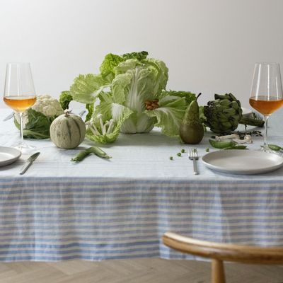 Linge de table textile - Nappe en lin à rayures bleues 140 x 260 cm - OURY HOME