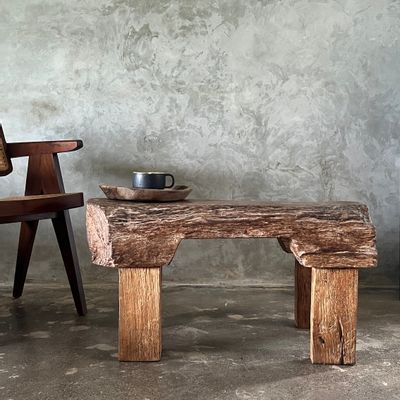 Bancs - Banc brutaliste en teck asiatique blond H:45 l:35 L:83 - OFFICE OBJETS