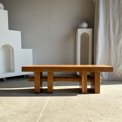Benches - Solid wood bench with openwork base crossed by a cylinder - Teak - OFFICE OBJETS