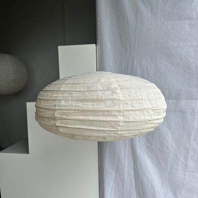 Hanging lights - Large suspension in rattan and natural linen Japanese style flattened oval H35 D60 - OFFICE OBJETS