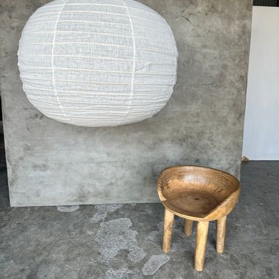 Hanging lights - Large pendant lamp in rattan and natural linen Japanese style flattened round (Labu) H57 D80 - OFFICE OBJETS