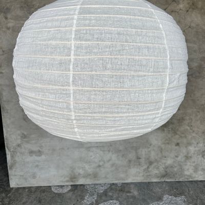 Hanging lights - Large pendant lamp in rattan and natural linen Japanese style flattened round (Labu) H57 D80 - OFFICE OBJETS