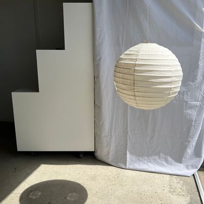 Hanging lights - Large round Japanese-style rattan and natural linen pendant light D:60 - OFFICE OBJETS