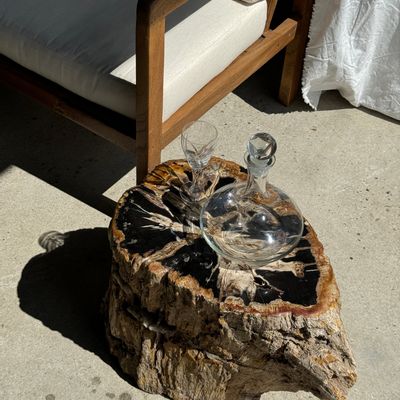 Other tables - Large side table in multi-colored rainbow petrified wood with bark D:32-40 H:40 - OFFICE OBJETS