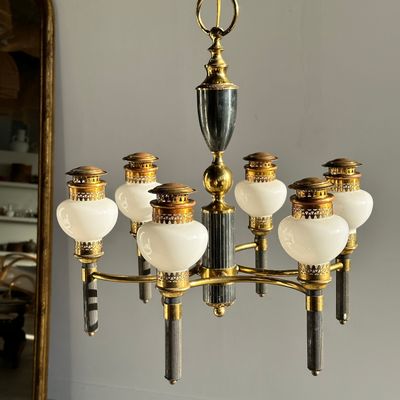 Hanging lights - Empire style chandelier in white opaline glass, gold and black metal with six arms of light - OFFICE OBJETS