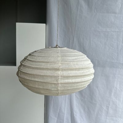Hanging lights - Medium suspension in rattan and natural linen Japanese style flattened oval H30 D45 - OFFICE OBJETS