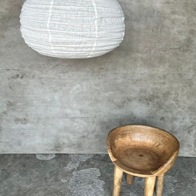 Hanging lights - Medium suspension in rattan and natural linen Japanese style flattened round (Labu) H35 D60 - OFFICE OBJETS