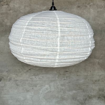 Hanging lights - Medium suspension in rattan and natural linen Japanese style flattened round (Labu) H35 D60 - OFFICE OBJETS