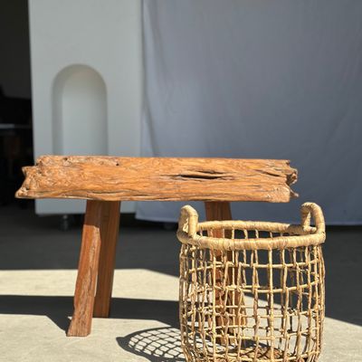 Benches - Small brutalist blond teak bench H:46 L:74 - OFFICE OBJETS