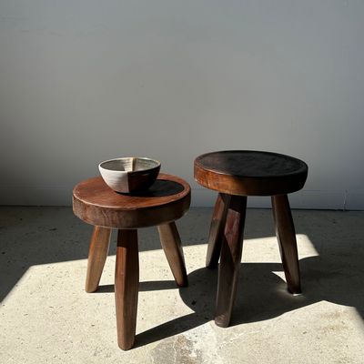 Stools - Small brown solid wood stool with circular hollow seat H:40cm  - OFFICE OBJETS
