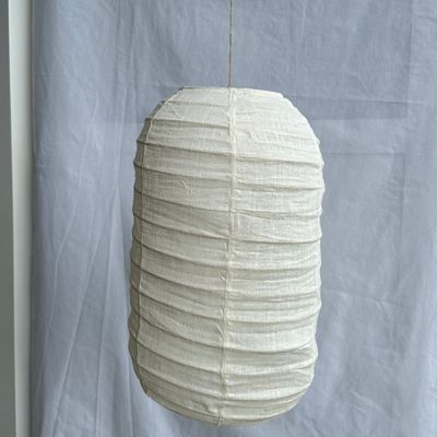 Hanging lights - Small Japanese-style natural rattan and linen pendant lamp in the shape of a lantern H50 D30 - OFFICE OBJETS