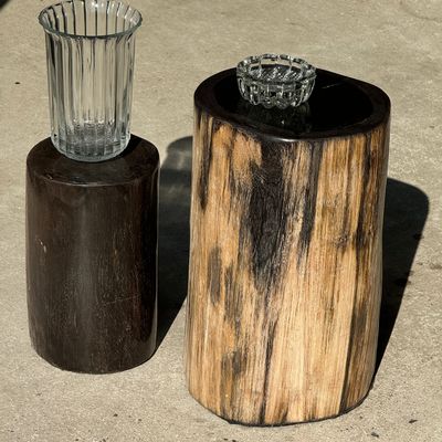 Autres tables  - Table d'appoint en bois pétrifié cœur noir écorce capuccino H40 D25 - OFFICE OBJETS