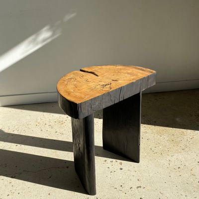 Stools - Solid tamarind stool, semi-circular edge seat and blackened feet - OFFICE OBJETS