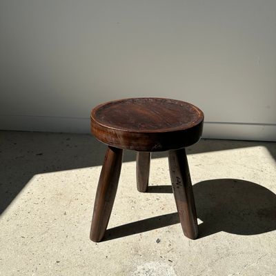 Stools - Low hollow upcycled teak tripod stool - Small brown solid wood stool with hollow circular seat H:35cm D:30cm - OFFICE OBJETS