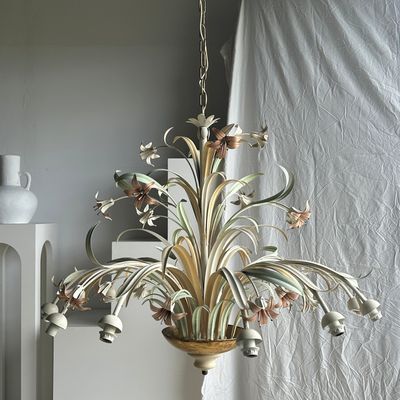 Suspensions - Très grand lustre motifs de fleurs blanc rose et vert Maison Masca D:1m10 H:1m - OFFICE OBJETS