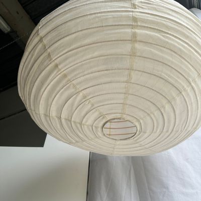 Hanging lights - Very large suspension in rattan and natural linen Japanese style flattened oval H45 D80 - OFFICE OBJETS