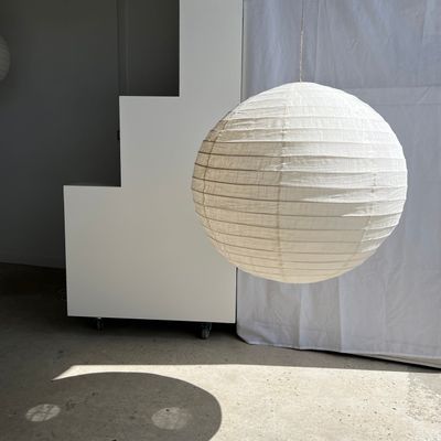 Hanging lights - Very large round Japanese-style rattan and natural linen pendant light D:80 - OFFICE OBJETS
