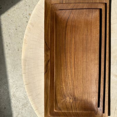 Platter and bowls - Trio of small flat rectangular teak trays L:35cm - OFFICE OBJETS