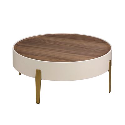 Coffee tables - Round coffee table walnut, beige wood and polished golden steel - ANGEL CERDÁ