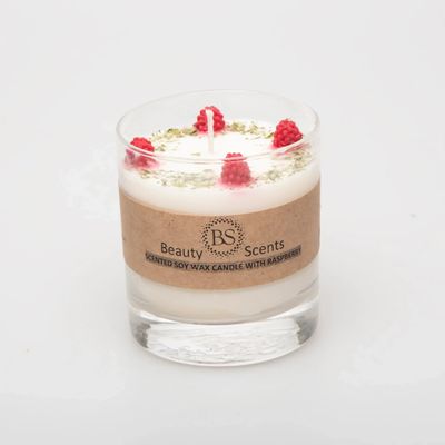 Candles - Large Candles with Raspberry in glass container, box of 6, Strawberry - BEAUTY SCENTS CANDLES